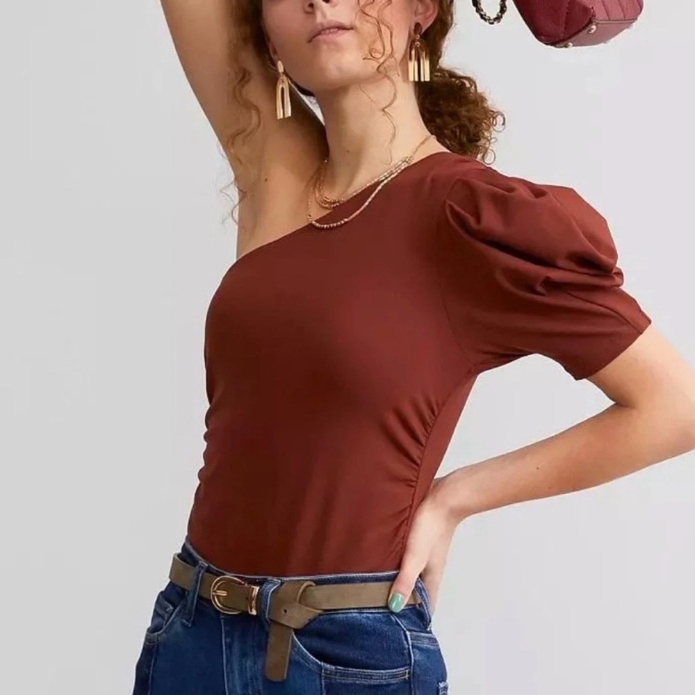 Free People Intimately Russet Acorn One Shoulder Puff Sleeve Bodysuit Size S NWT